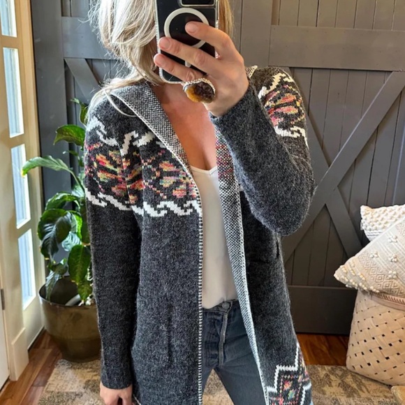 New Tribal Print Long Black Cardigan Hooded Sweater Southwest Western - Picture 15 of 15